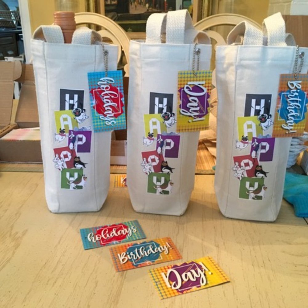 3 SET - TOTE/GIFT BAGS:WINE-WATER WHATEVER - 3 Canvas 'HAPPY' bags w/TAGS NWOT